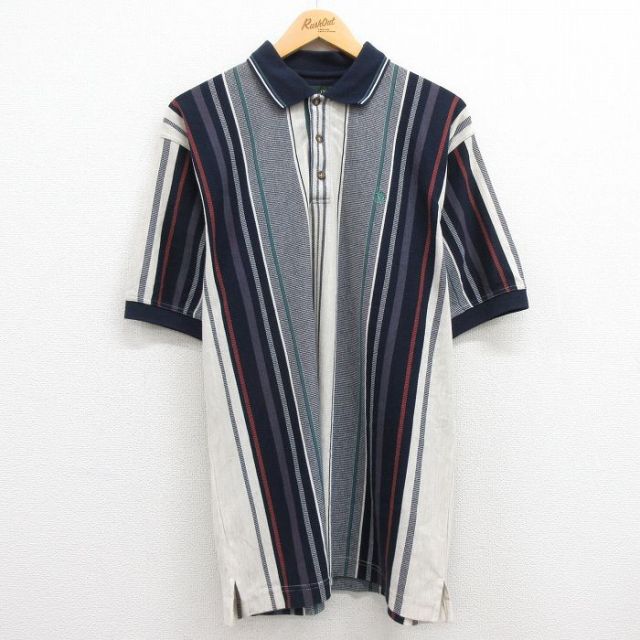 【50%OFF】90s 半袖ポロシャツ ワンポイントロゴ ネイビーストライプ XL | 古着