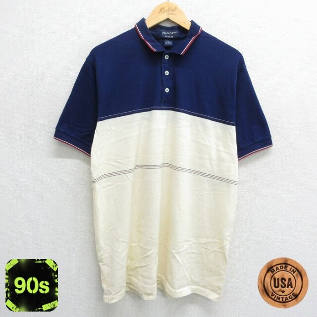 XL★古着 GANT 半袖 ポロ シャツ メンズ 90年代 90s コットン USA製 紺他 ネイビー 24may25 中古 トップス