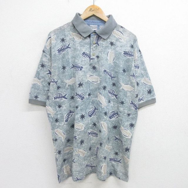 【50%OFF】ビューグルボーイ 00s 半袖ポロシャツ 魚総柄 グリーン XL | 古着