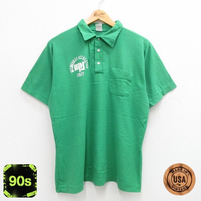 90s 半袖ポロシャツ 胸ポケット付き グリーン L | 古着