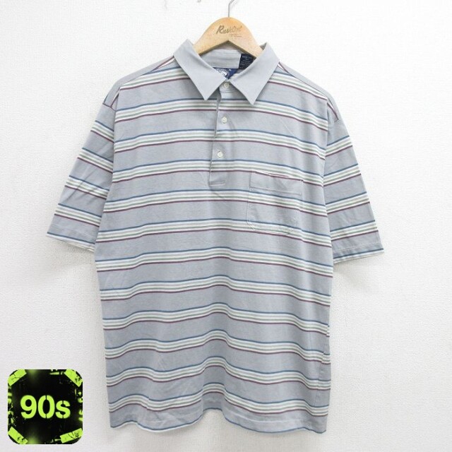 90s 半袖ポロシャツ グレーボーダー XL | 古着