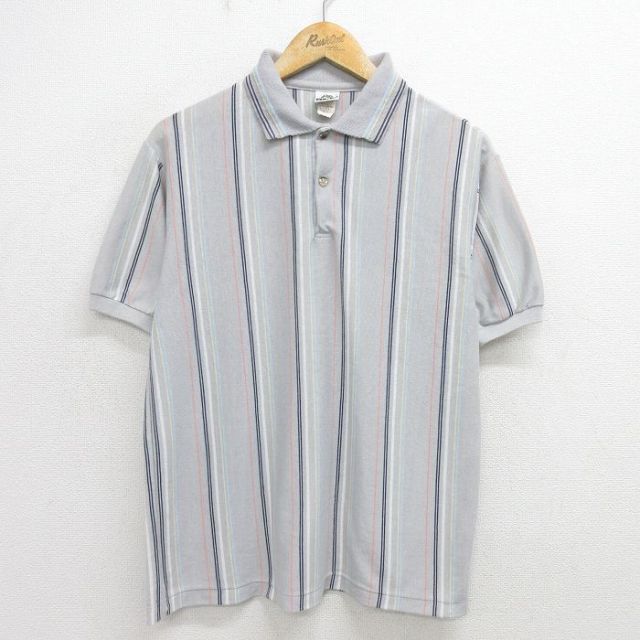 L★古着 半袖 ポロ シャツ メンズ 90年代 90s USA製 グレー他 ストライプ 24jul23 中古 トップス