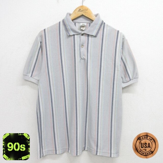 L★古着 半袖 ポロ シャツ メンズ 90年代 90s USA製 グレー他 ストライプ 24jul23 中古 トップス