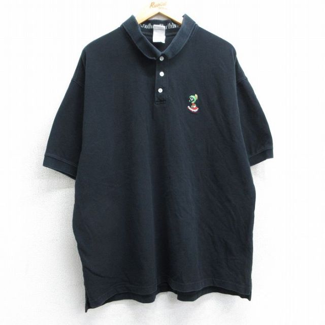 【50%OFF】XL★古着 半袖 ポロ シャツ メンズ 90年代 90s ルーニーテューンズ LOONEY TUNES マービンザマーシャン 大きいサイズ コットン 鹿の子 黒 ブラック 【spe】 25mar31 中古 トップス