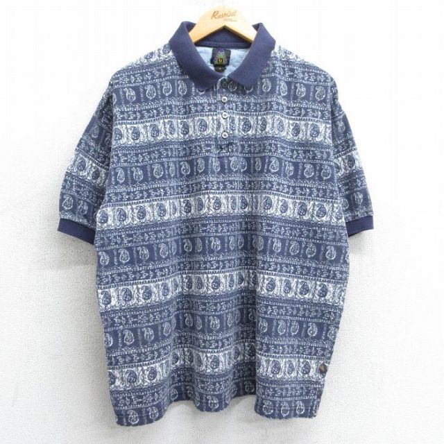 XL★古着 半袖 ポロ シャツ メンズ 00年代 00s 総柄 大きいサイズ コットン 鹿の子 紺他 ネイビー 25mar31 中古 トップス