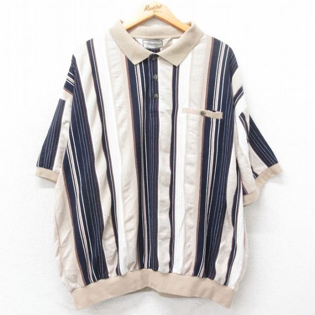 XL★古着 半袖 ポロ シャツ メンズ 大きいサイズ ベージュ他 カーキ ストライプ 25apr14 中古 トップス