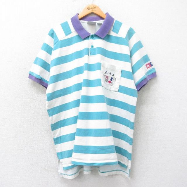 XL★古着 バンヒューセン 半袖 ポロ シャツ メンズ 90年代 90s NAR 大きいサイズ コットン 水色他 ボーダー 25apr14 中古 トップス