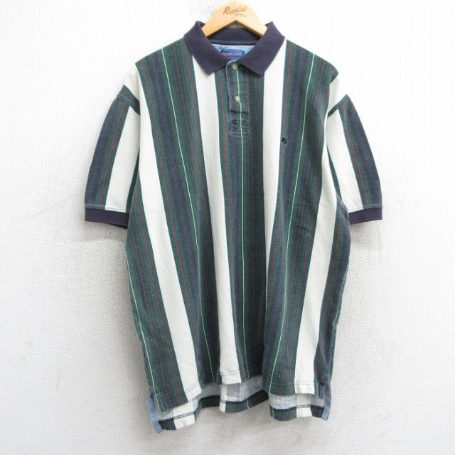 XL★古着 ペンドルトン PENDLETON 半袖 ポロ シャツ メンズ ワンポイントロゴ 大きいサイズ 鹿の子 カナダ製 緑他 グリーン ストライプ 25apr17 中古 トップス