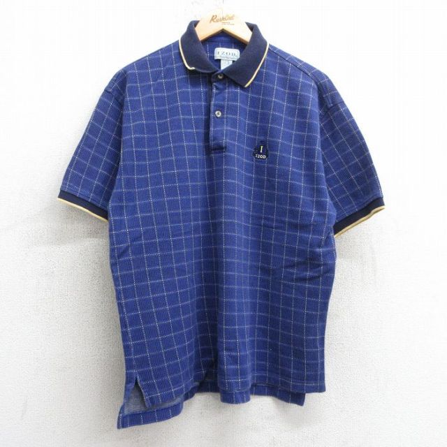 【50%OFF】XL★古着 IZOD 半袖 ポロ シャツ メンズ 90年代 90s ワンポイントロゴ コットン 青他 ブルー チェック 25apr17 中古 トップス