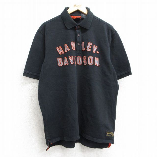 XL★古着 ハーレーダビッドソン Harley Davidson 半袖 ポロ シャツ メンズ ビッグロゴ 鹿の子 コットン 黒 ブラック 【spe】 25apr17 中古 トップス