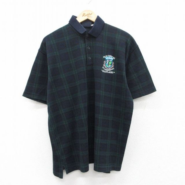 XL★古着 半袖 ポロ シャツ メンズ OLD COURSE 緑他 グリーン チェック 25apr26 中古 トップス