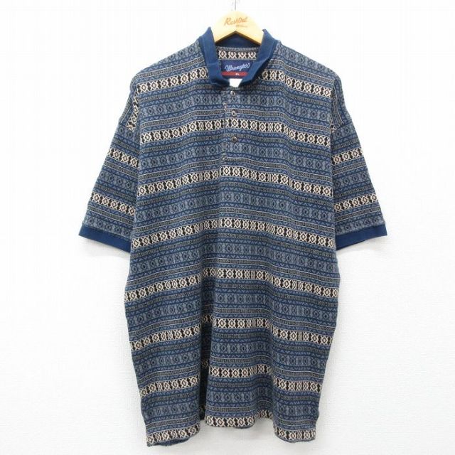 XL★古着 ラングラー Wrangler 半袖 ポロ シャツ メンズ フェアアイル 大きいサイズ 紺他 ネイビー 【spe】 25may16 中古 トップス
