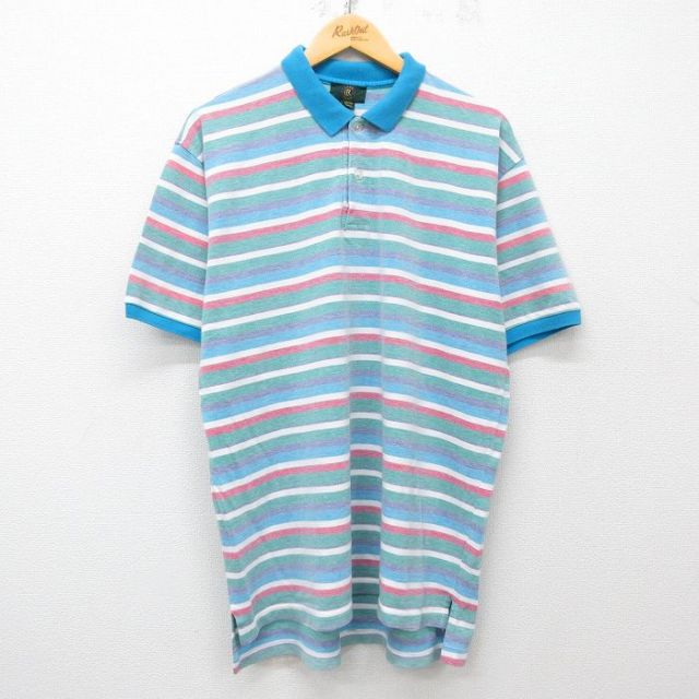 XL★古着 半袖 ポロ シャツ メンズ 00年代 00s コットン 紺他 ネイビー ボーダー 25may16 中古 トップス