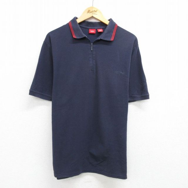 XL★古着 モッシモ 半袖 ハーフジップ ポロ シャツ メンズ コットン 紺他 ネイビー 25may17 中古 トップス