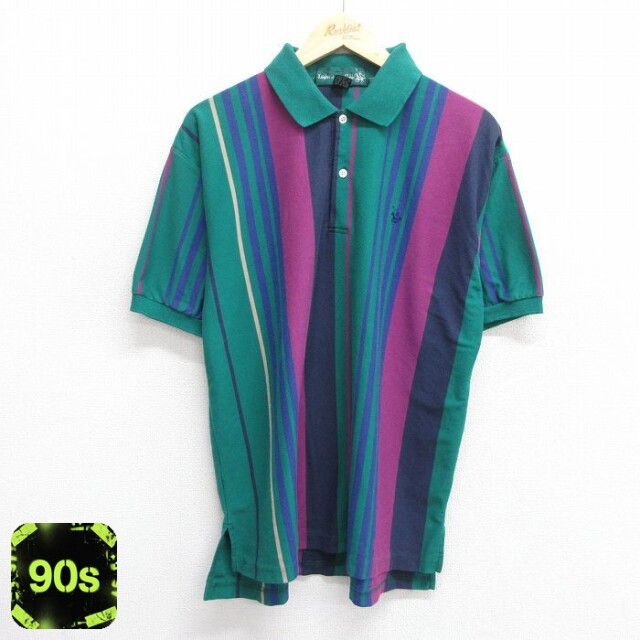 90s 半袖ポロシャツ グリーンストライプ XL | 古着
