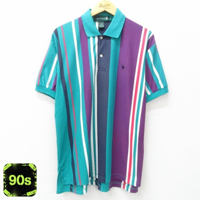 90s 半袖ポロシャツ ストライプ ライトブルー XL | 古着