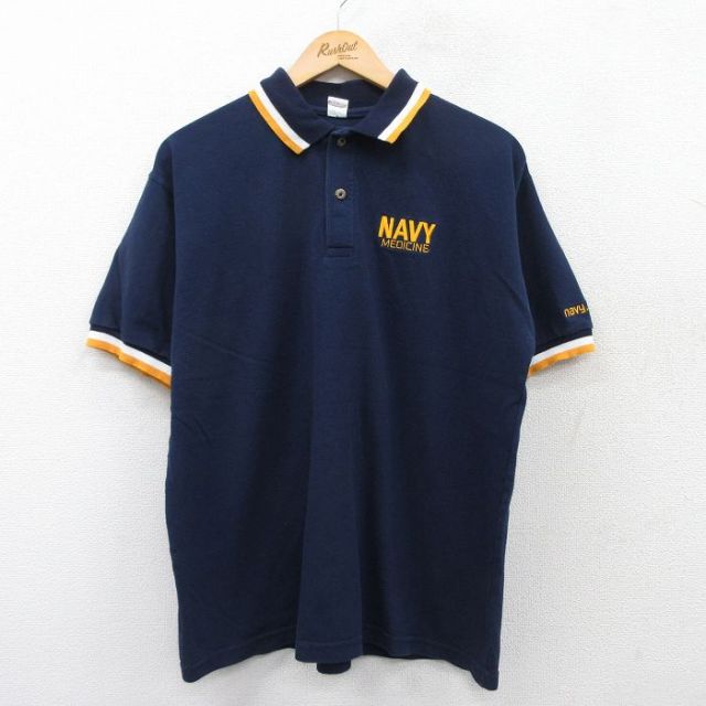 XL★古着 半袖 ポロ シャツ メンズ 90年代 90s ミリタリー ネイビー 鹿の子 コットン USA製 濃紺 25may20 中古 トップス