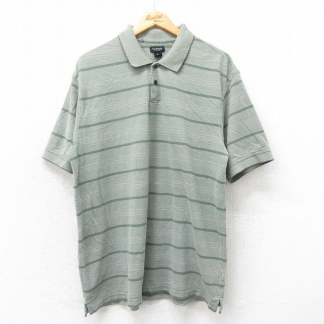 XL★古着 バンヒューセン 半袖 ポロ シャツ メンズ 鹿の子 緑 グリーン 霜降り他 ボーダー 25may22 中古 トップス