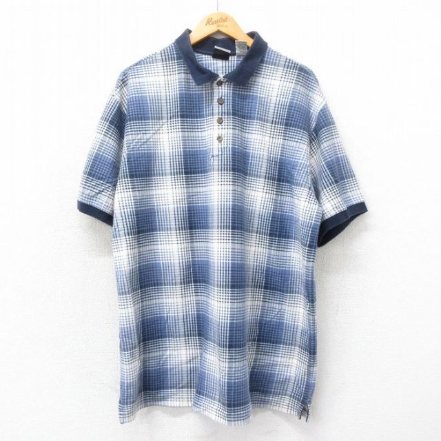 XL★古着 ビューグルボーイ 半袖 ポロ シャツ メンズ 大きいサイズ ロング丈 コットン 紺他 ネイビー チェック 25may22 中古 トップス