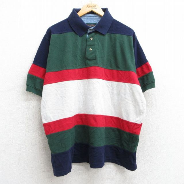 XL★古着 半袖 ポロ シャツ メンズ 90年代 90s マルチカラー 大きいサイズ コットン 鹿の子 緑他 グリーン 25may28 中古 トップス