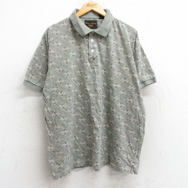 グリーン総柄 半袖ポロシャツ XL | 古着