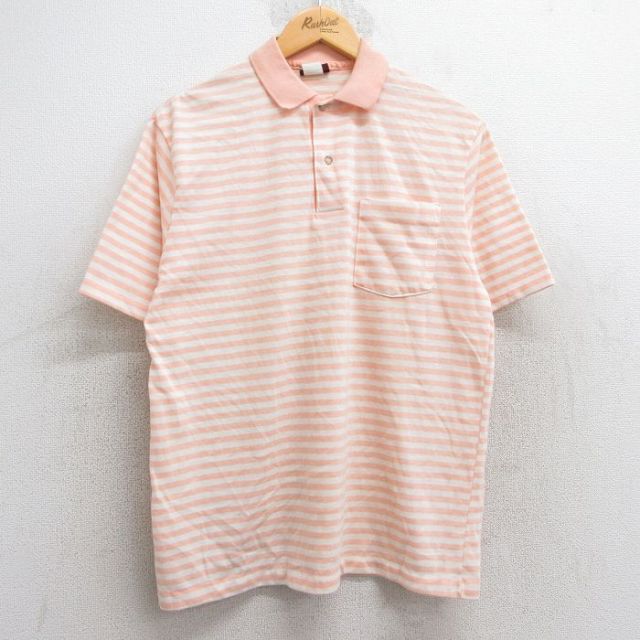【50%OFF】L★古着 半袖 ポロ シャツ メンズ 80年代 80s USA製 薄ピンク系他 ボーダー 25may28 中古 トップス