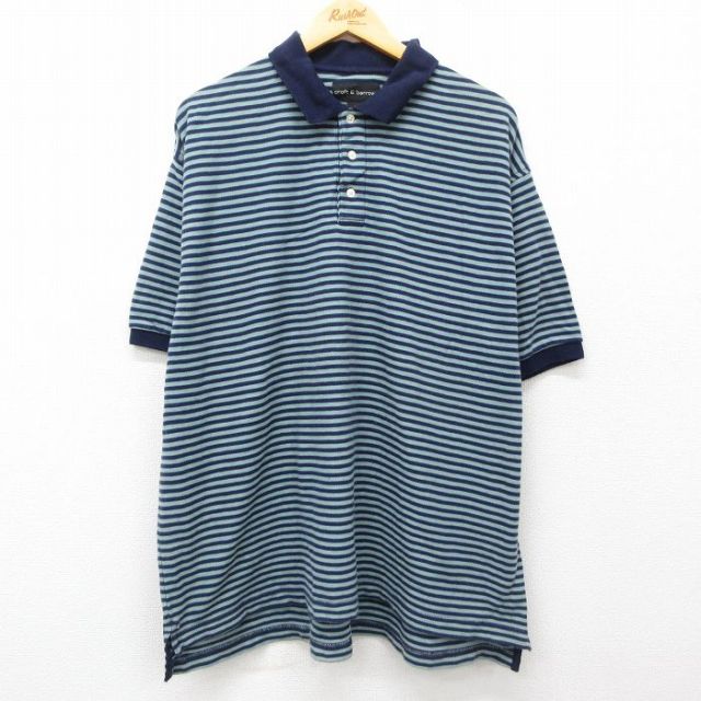 XL★古着 半袖 ポロ シャツ メンズ 鹿の子 大きいサイズ コットン 紺他 ネイビー ボーダー 25may29 中古 トップス