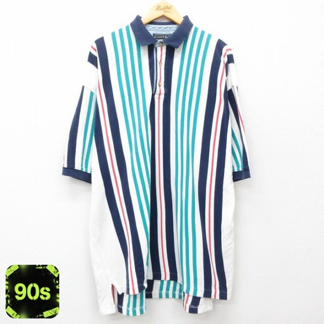 90s 半袖ポロシャツ ネイビーストライプ XL | 古着