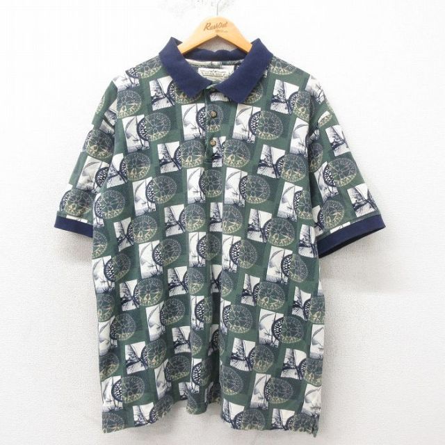 XL★古着 半袖 ポロ シャツ メンズ 00年代 00s 総柄 鹿の子 大きいサイズ コットン 緑 グリーン 25may31 中古 トップス