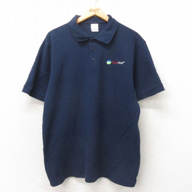 XL★古着 半袖 ポロ シャツ メンズ Script 鹿の子 コットン 紺 ネイビー 25may31 中古 トップス