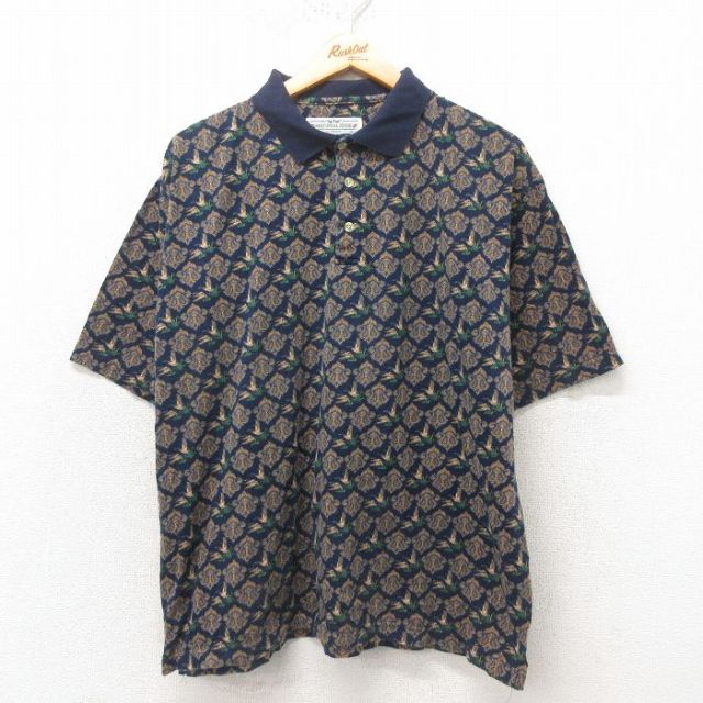 XL★古着 半袖 ポロ シャツ メンズ 00年代 00s 鳥 コットン 紺 ネイビー 25may31 中古 トップス