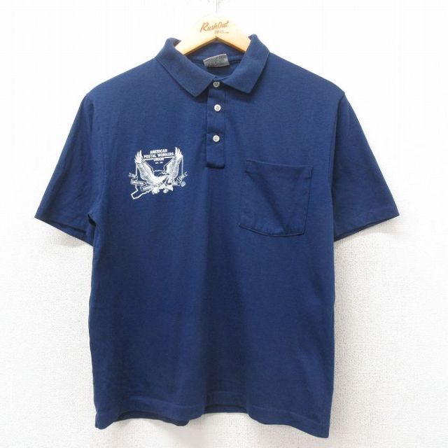 【20%OFF】M★古着 半袖 ポロ シャツ メンズ 80年代 80s 鳥 USA製 紺 ネイビー 25may31 中古 トップス