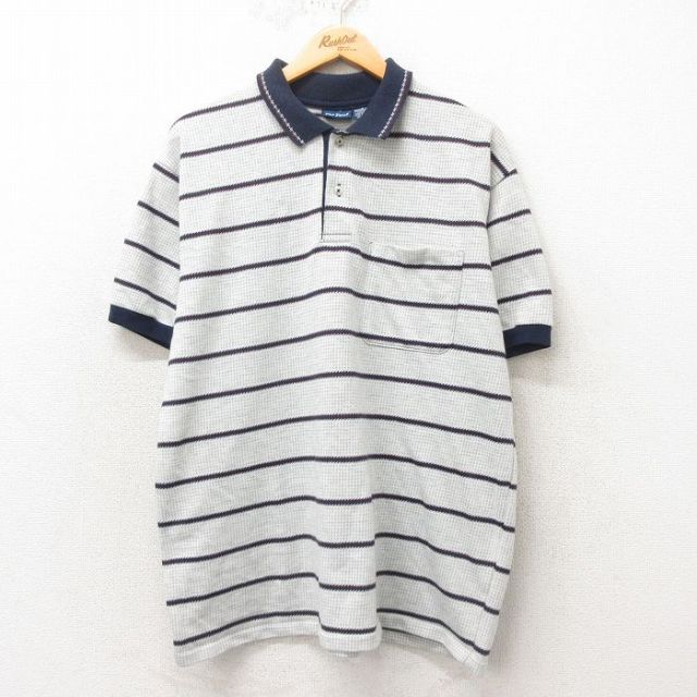 【50%OFF】XL★古着 Par Four 半袖 ポロ シャツ メンズ 90年代 90s USA製 薄ベージュ カーキ ボーダー 25may31 中古 トップス