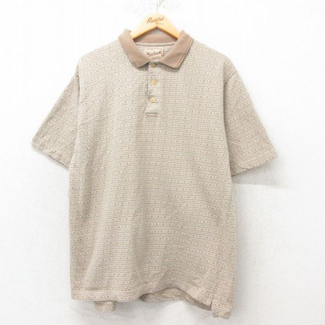 XL★古着 ウールリッチ WOOLRICH 半袖 ポロ シャツ メンズ 90年代 90s コットン USA製 ベージュ カーキ ボーダー 【spe】 25jun02 中古 トップス