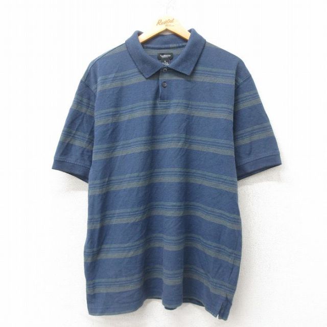 XL★古着 バンヒューセン 半袖 ポロ シャツ メンズ 鹿の子 紺 ネイビー ボーダー 25jun02 中古 トップス