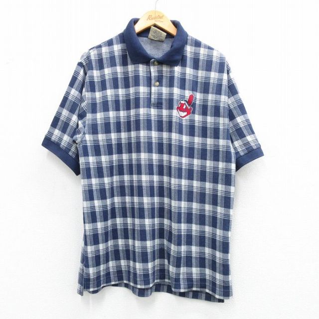 XL★古着 リー Lee 半袖 ポロ シャツ メンズ 00年代 00s MLB クリーブランドインディアンス 紺他 ネイビー チェック メジャーリーグ ベースボール 野球 25jun04 中古 トップス