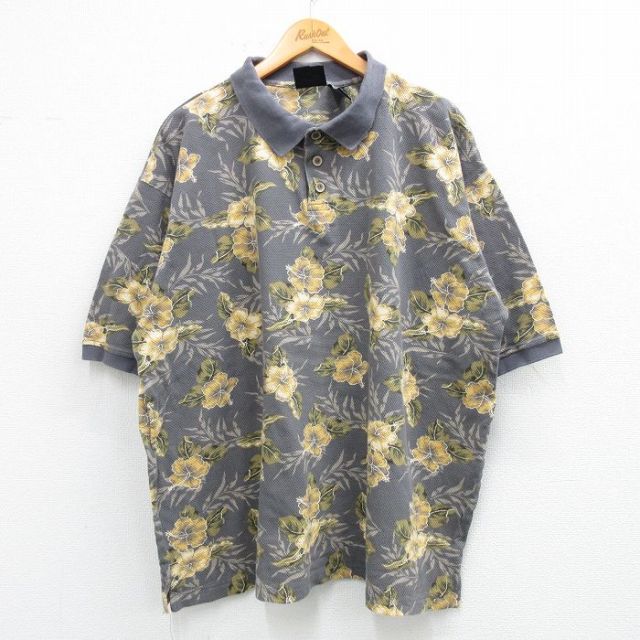 XL★古着 オーシャンパシフィック OP 半袖 ポロ シャツ メンズ ハイビスカス 総柄 大きいサイズ コットン グレー他 25jun04 中古 トップス