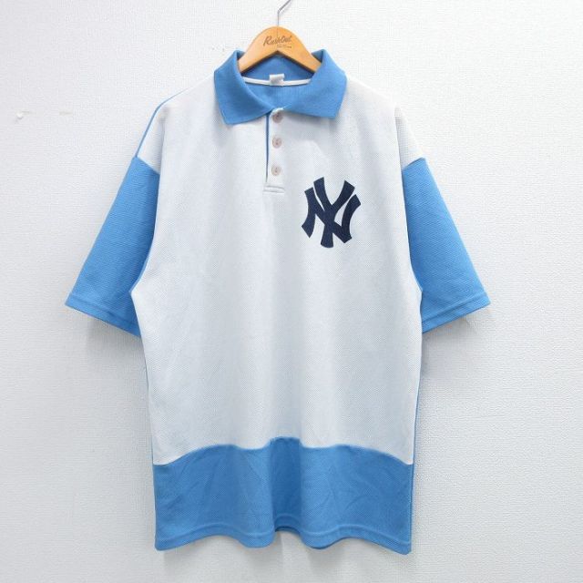 XL★古着 半袖 ポロ シャツ メンズ 90年代 90s MLB ニューヨークヤンキース ツートンカラー 鹿の子 USA製 水色他 メジャーリーグ ベースボール 野球 25jun04 中古 トップス