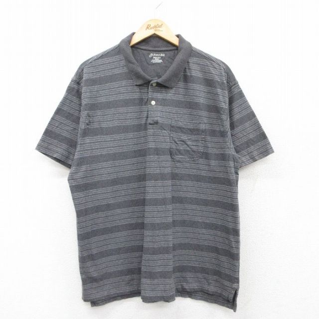 XL★古着 セントジョンズベイ 半袖 ポロ シャツ メンズ コットン 濃グレー 霜降り他 ボーダー 25jun05 中古 トップス