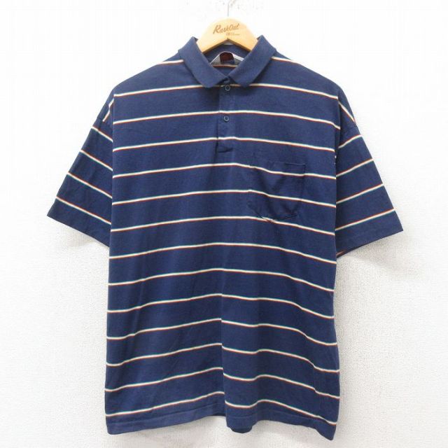 80s 半袖ポロシャツ ネイビーボーダー L | 古着