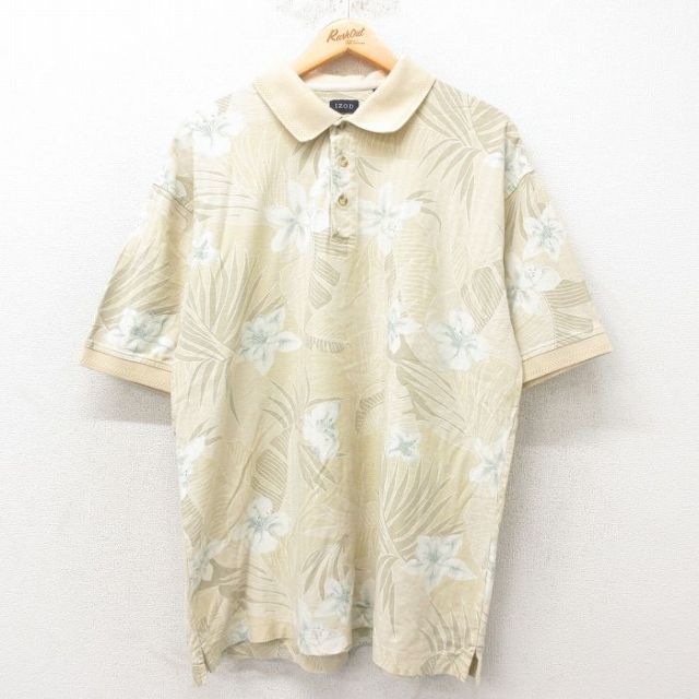 XL★古着 IZOD 半袖 ポロ シャツ メンズ 花柄 コットン 薄ベージュ カーキ 25jun06 中古 トップス