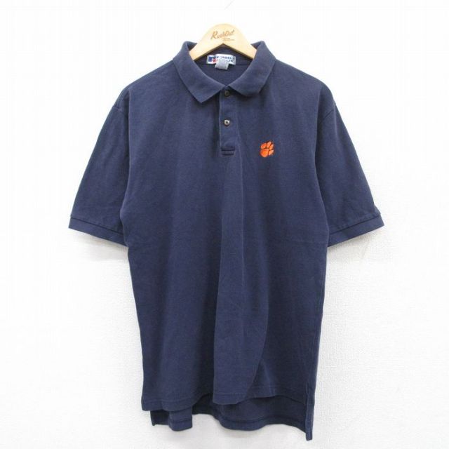 L★古着 ラッセル 半袖 ポロ シャツ メンズ 00年代 00s クレムソンタイガース 鹿の子 コットン 紺 ネイビー 25jun06 中古 トップス