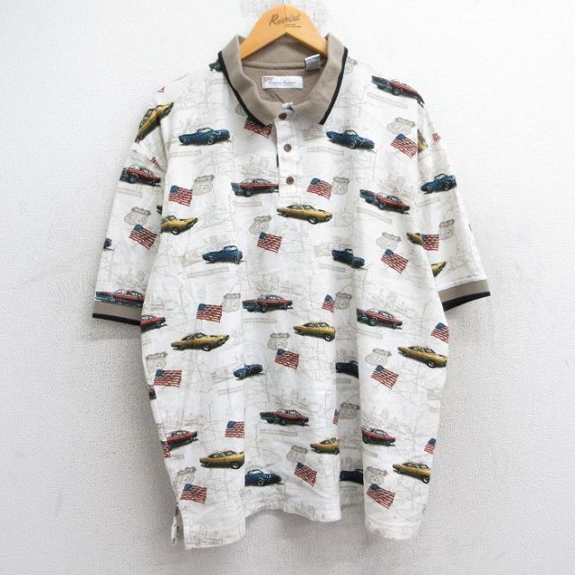 【50%OFF】半袖ポロシャツ 車クラシックカー星条旗総柄 ホワイト XL | 古着