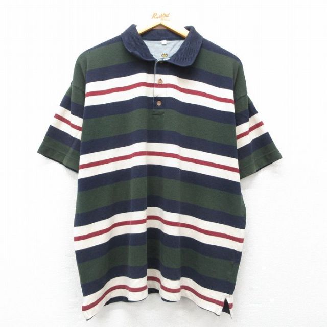 XL★古着 半袖 ポロ シャツ メンズ ロング丈 大きいサイズ 紺他 ネイビー 25jul02 中古 トップス
