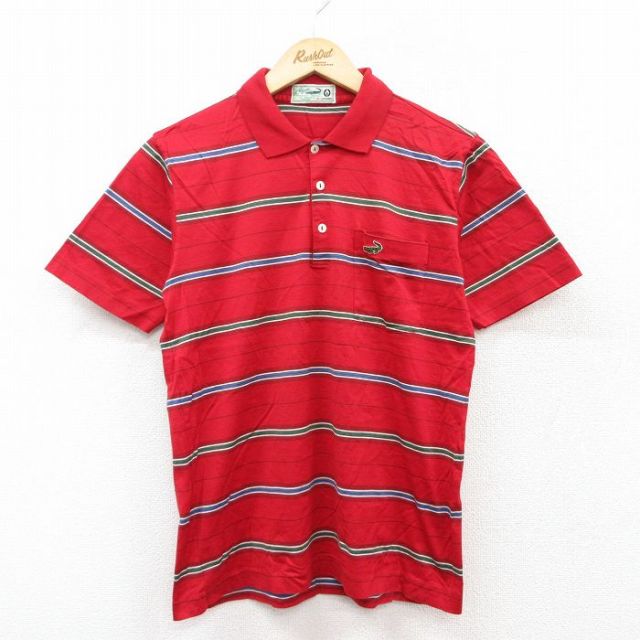【50%OFF】S★古着 半袖 ポロ シャツ メンズ 90年代 90s ワニ コットン 赤他 レッド ボーダー 25jul02 中古 トップス