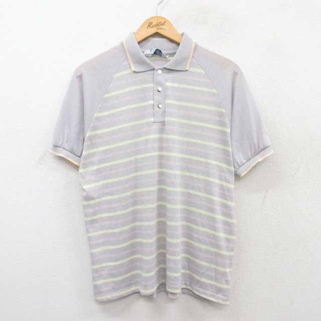 【50%OFF】L★古着 半袖 ポロ シャツ メンズ 80年代 80s ラグラン グレー他 ボーダー 25jul05 中古 トップス