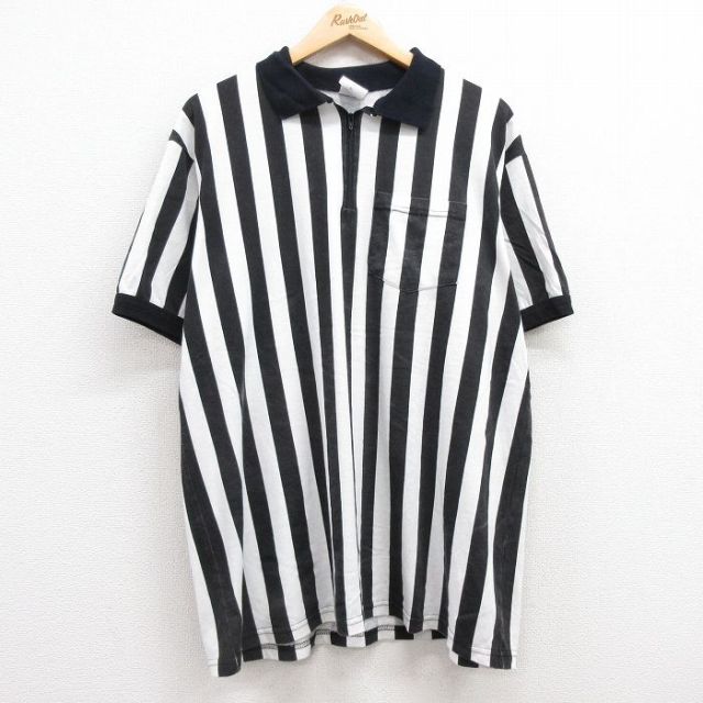 マジェスティック 90s 半袖ハーフジップポロシャツ ホワイトストライプ XL | 古着