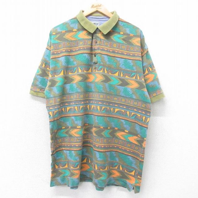 【50%OFF】XL★古着 半袖 ポロ シャツ メンズ 鹿の子 大きいサイズ ロング丈 緑他 グリーン 【spe】 25jul11 中古 トップス
