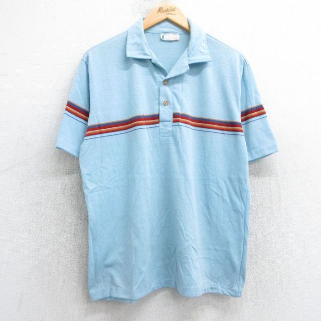 L★古着 半袖 ポロ シャツ メンズ 80年代 80s 開襟 オープンカラー USA製 水色 25jul18 中古 トップス