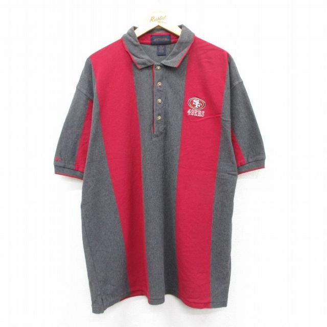 XL★古着 半袖 ポロ シャツ メンズ NFL サンフランシスコフォーティーナイナーズ 49ers 鹿の子 大きいサイズ ロング丈 コットン 濃グレー 霜降り他 アメフト スーパーボウル 25jul22 中古 トップス